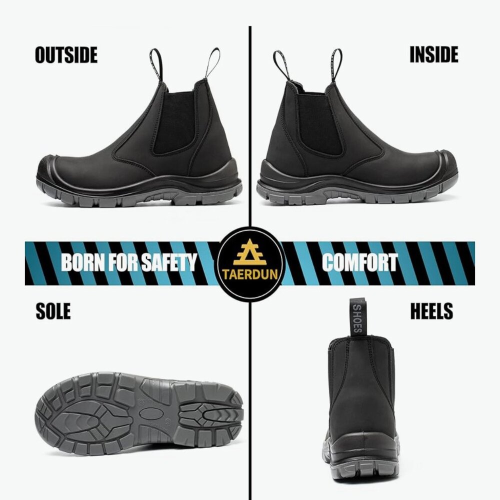 TAERDUN Safety Chelsea Work Boots Men’s 7.5 Black Slip/Oil Resistant Steel-Toe - Picture 3 of 8